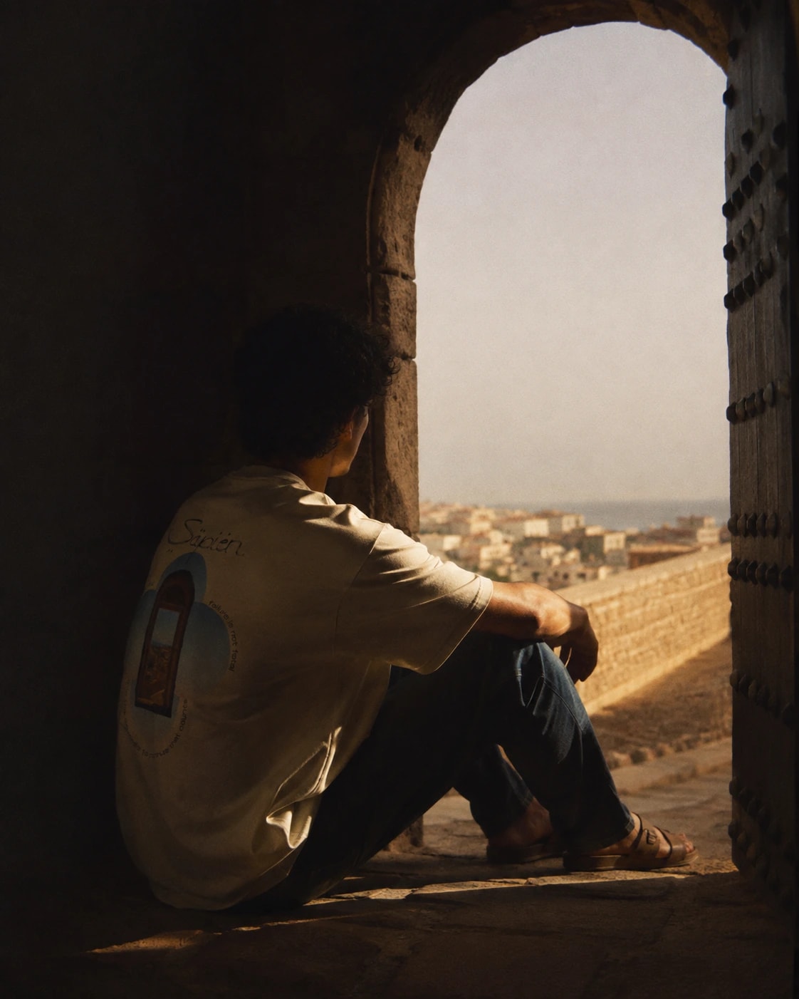 A man sits in a stone doorway above a Mediterranean town wearing the Churchill tee