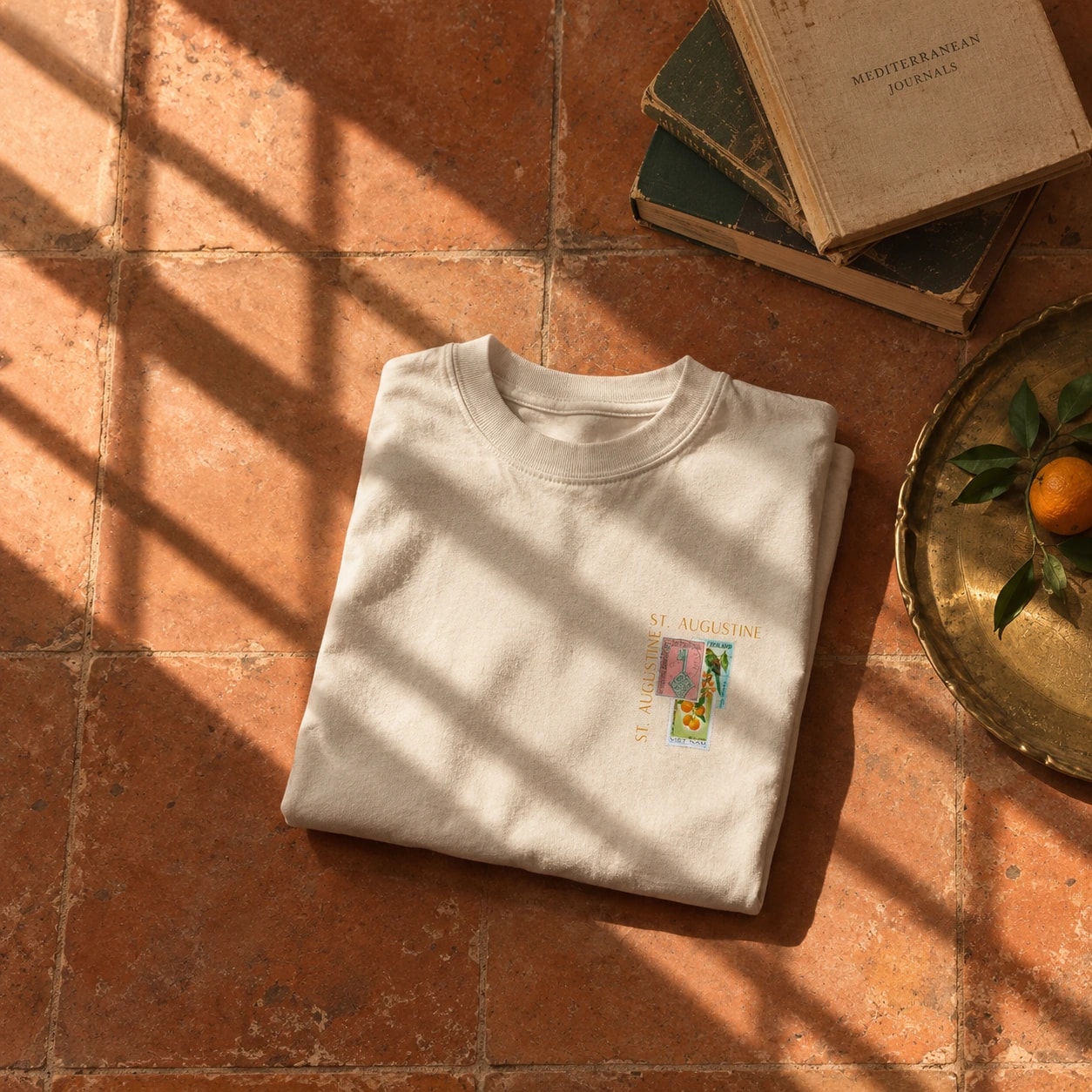 A folded bone tee resting on terracotta tile beside old books and a tray of oranges