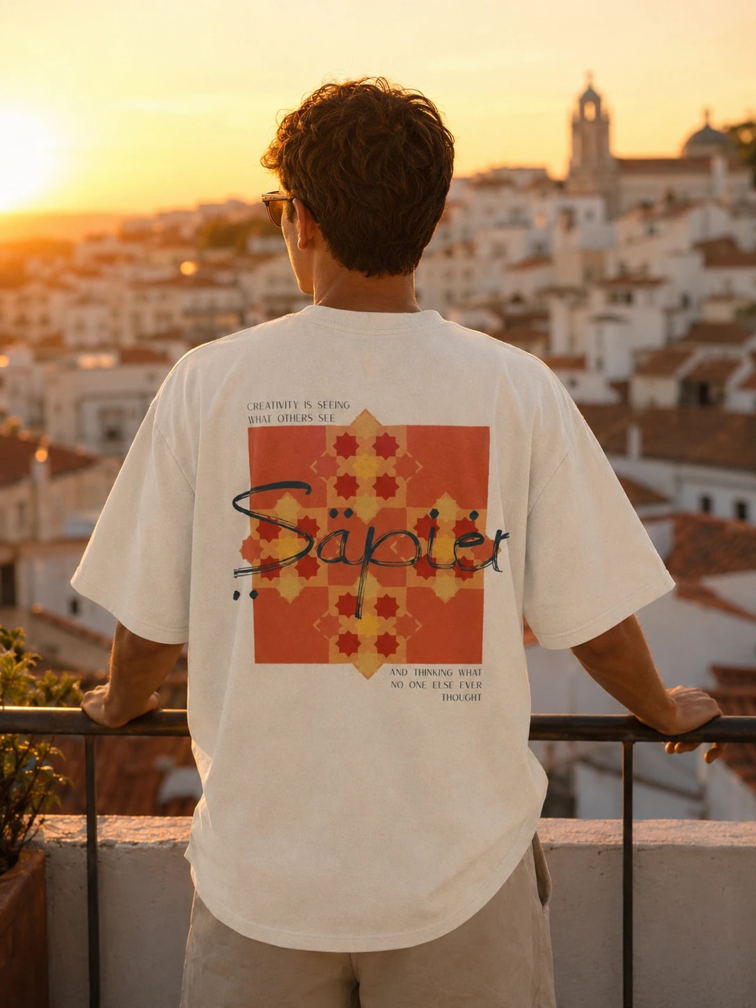 A man on a rooftop at sunset above a Mediterranean town, wearing the Einstein tee