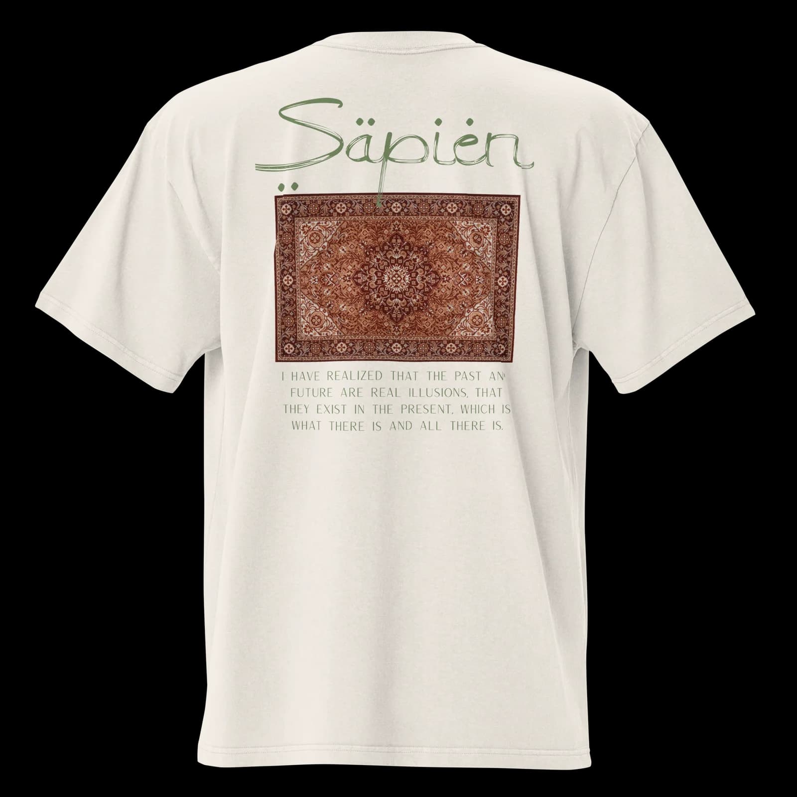 Alan Watts Tee — A woven carpet in rust, ochre and ivory