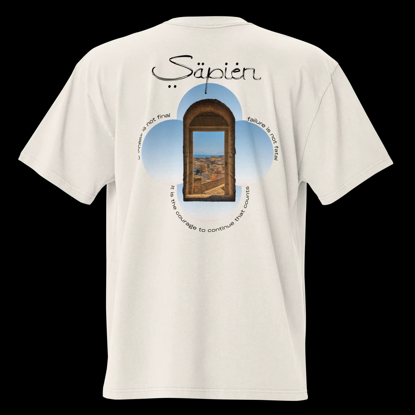 Winston Churchill Tee — A stone window opening onto a hill town