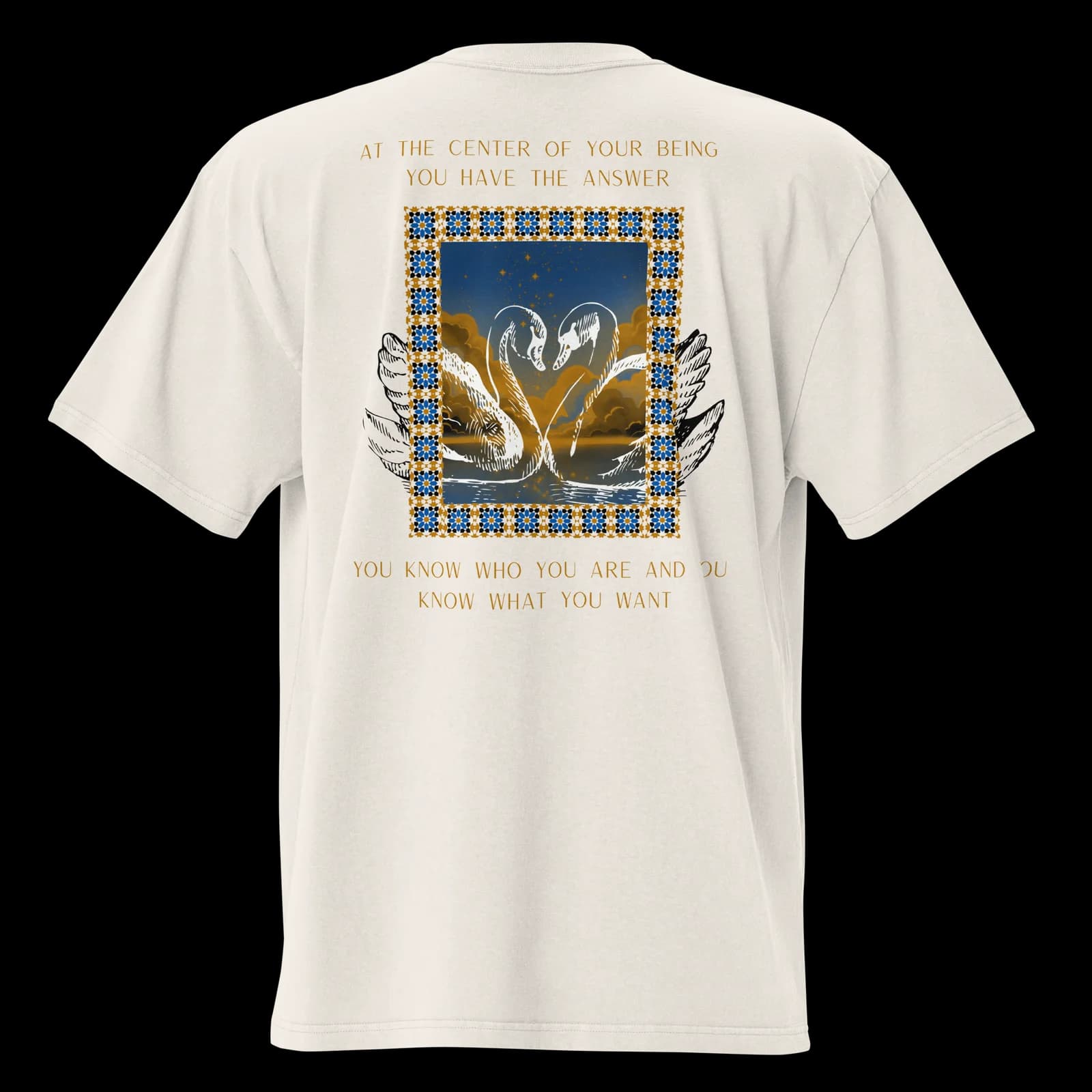 Lao Tzu Tee — Two swans on still water, under a field of stars